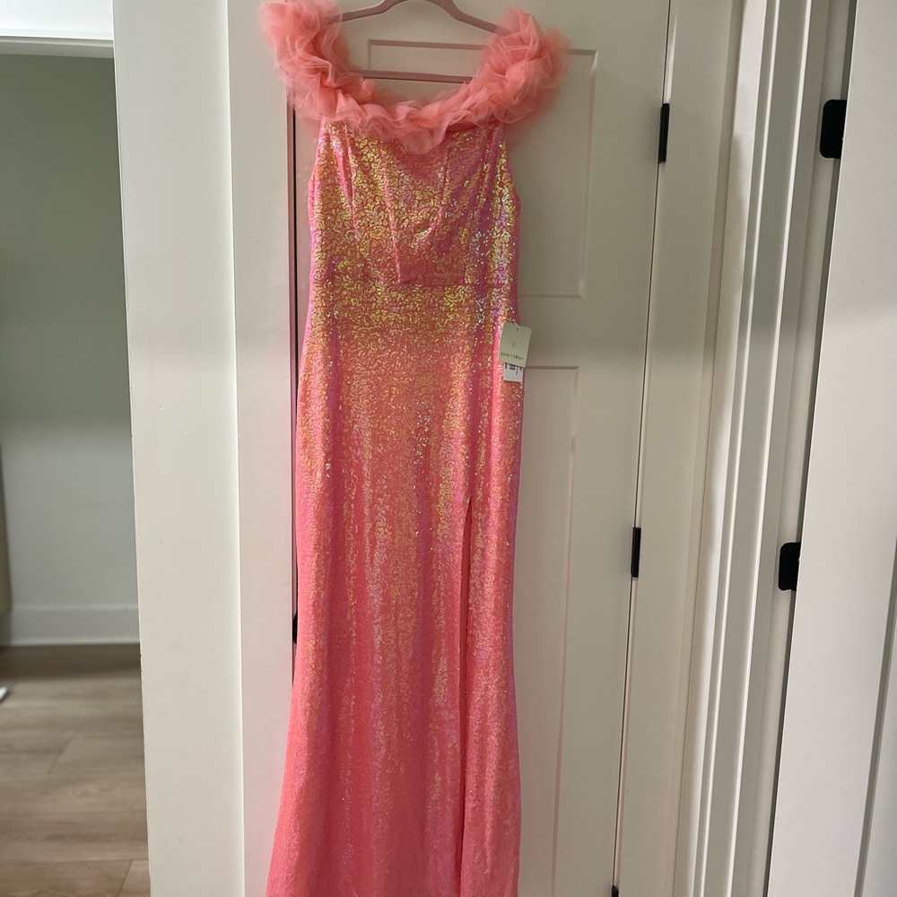 Pink Sequin Gown with Ruffle Neckline